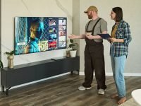 Caucasian middle aged man wearing cap standing next to Caucasian young adult woman holding clipboard, both discussing streaming service options displayed on large flat screen television