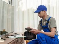 Young Asian man technician checking or setting up television with digital tablet.