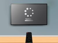 Update progress on LCD TV screen. Remote control is pointed at the TV on the wall. Vector illustration.